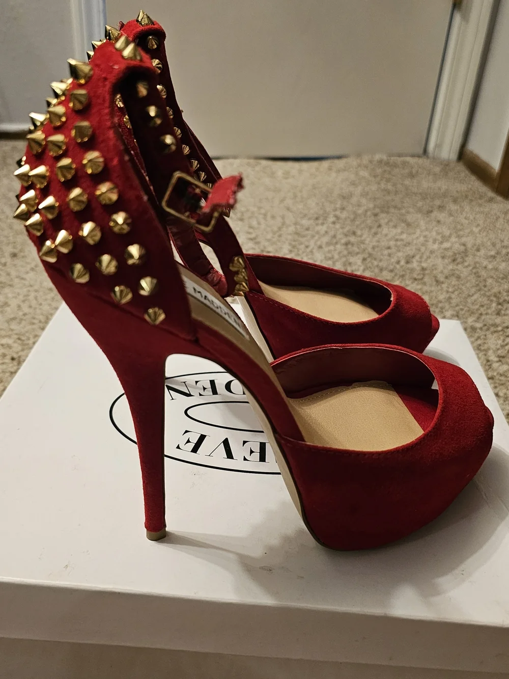 Steve Madden Red Suede Studded Platform Peep-Toe Heels